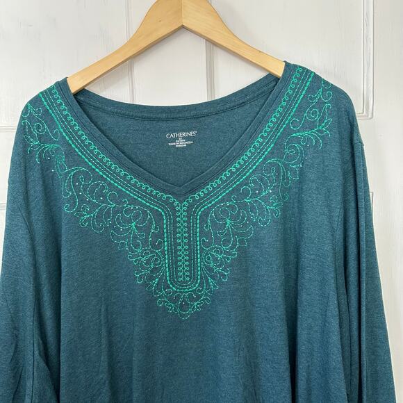Catherines Size 5X V Neck Top 34/36W Green Embroidered Long Sleeve Boho Cotton - Picture 4 of 7